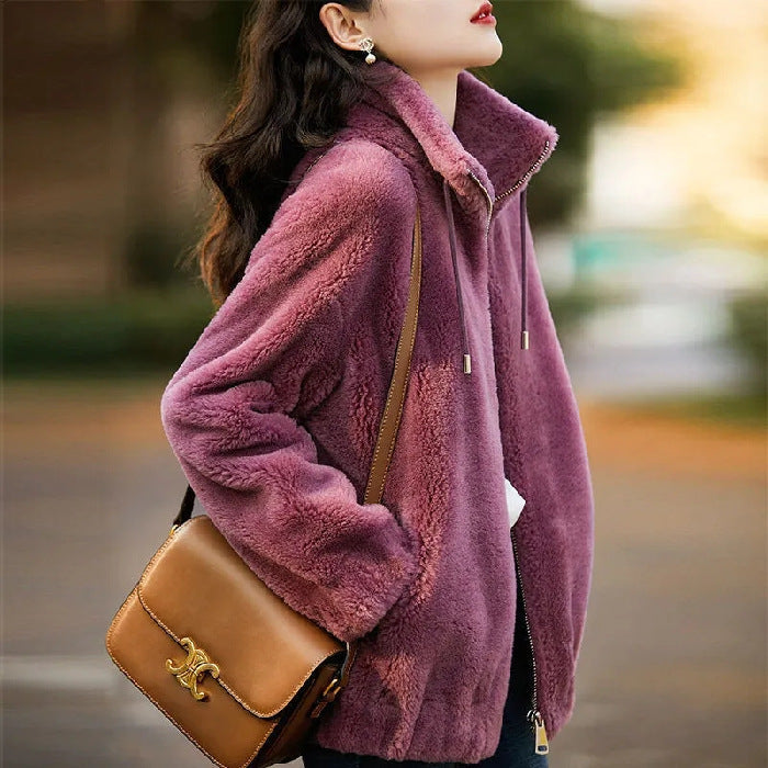 Dames Teddyjas Fleece Met Rits en Opstaande Kraag Warm en Trendy