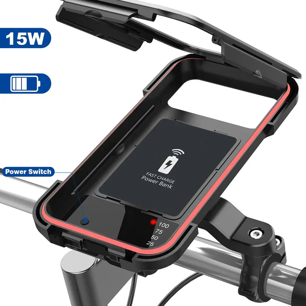 Waterdichte Telefoonhouder voor Fiets met 15W Draadloze Powerbank Zwart