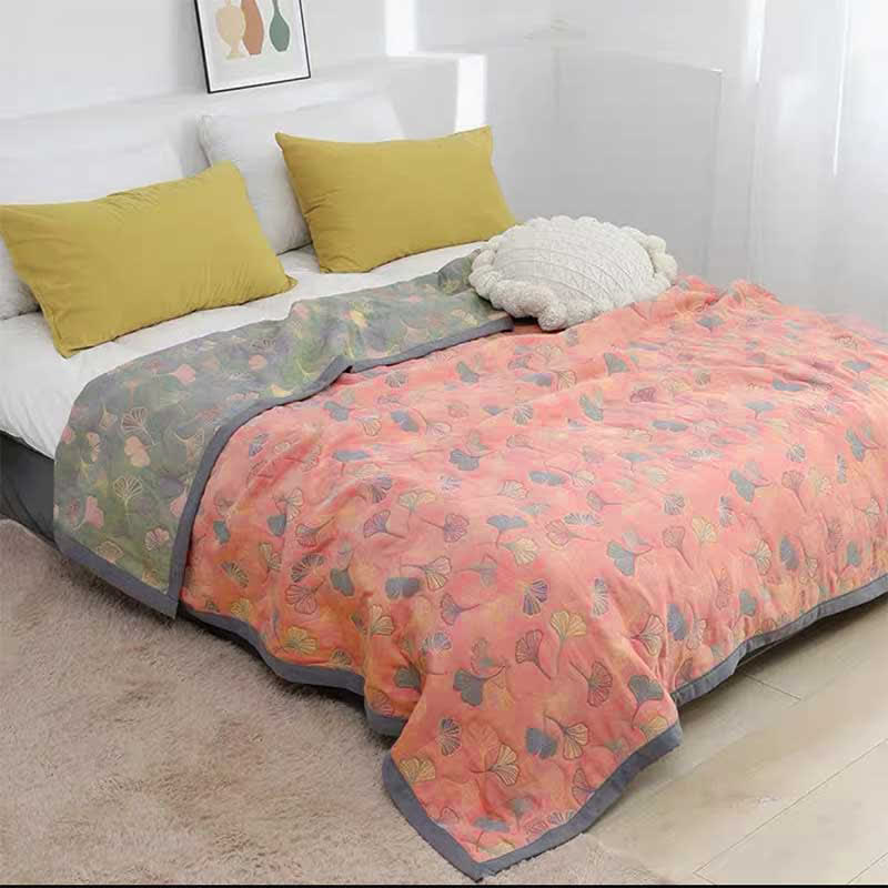 Bedsprei Katoen Ginkgo Print 200x230 Geel Blauw Slaapkamer Quilt Omkeerbaar Deken Sprei Tweepersoons Plaid Bed Woondecoratie