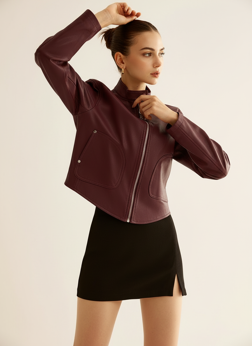 Vrouwen Faux Leren Jas Cropped Met Opstaande Kraag