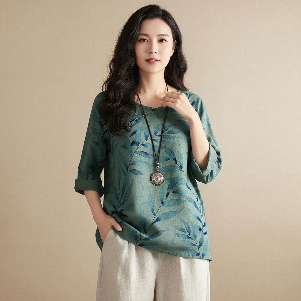 Vrouwen Blouse Blauw Bladprint Knoopdetails Casual
