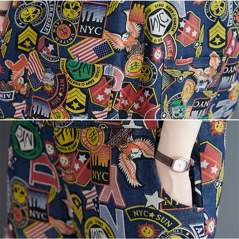 Dames Jumpsuit Cartoon Print Denim Speels en Stijlvol