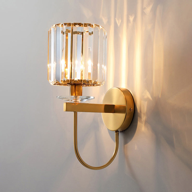 Kristallen Wandlamp Postmodern Gebogen Arm Goudkleurige Afwerking Cilindervormige Kap Decoratieve Verlichting