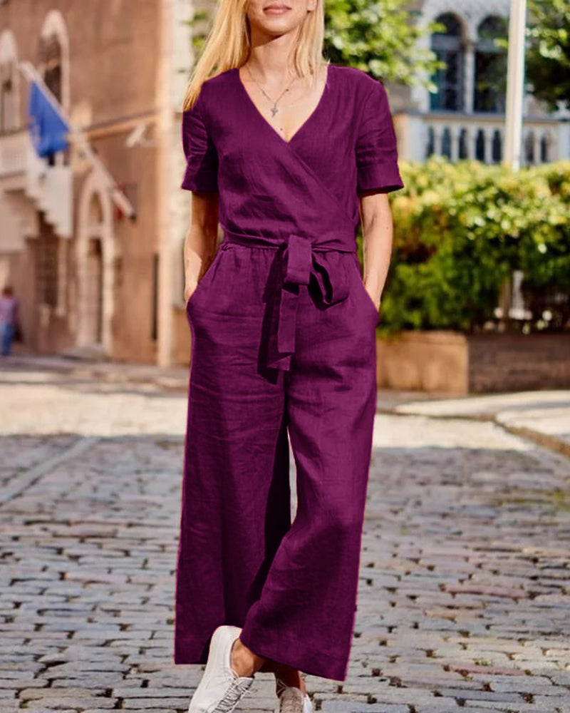 Dames Jumpsuit Korte Mouwen Riem Zomerkleding