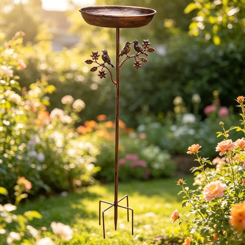 Drinkschaal voor Tuinvogels op Metalen Prikker met Vintage Koperkleur 76cm Hoog Demontabel