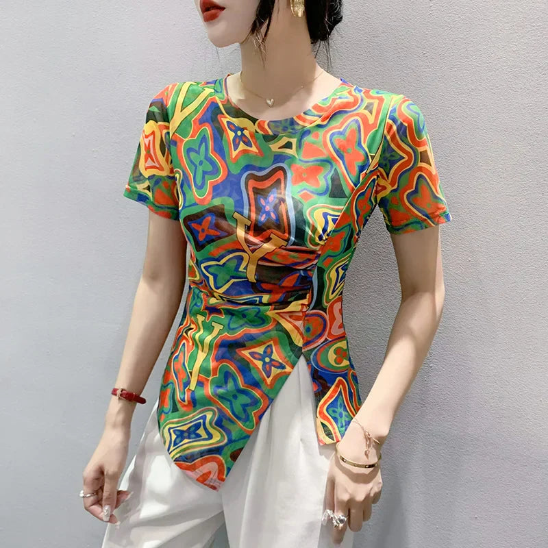 Vintage Mesh T-Shirt Voor Dames Glamour Stijl - StudioMarella