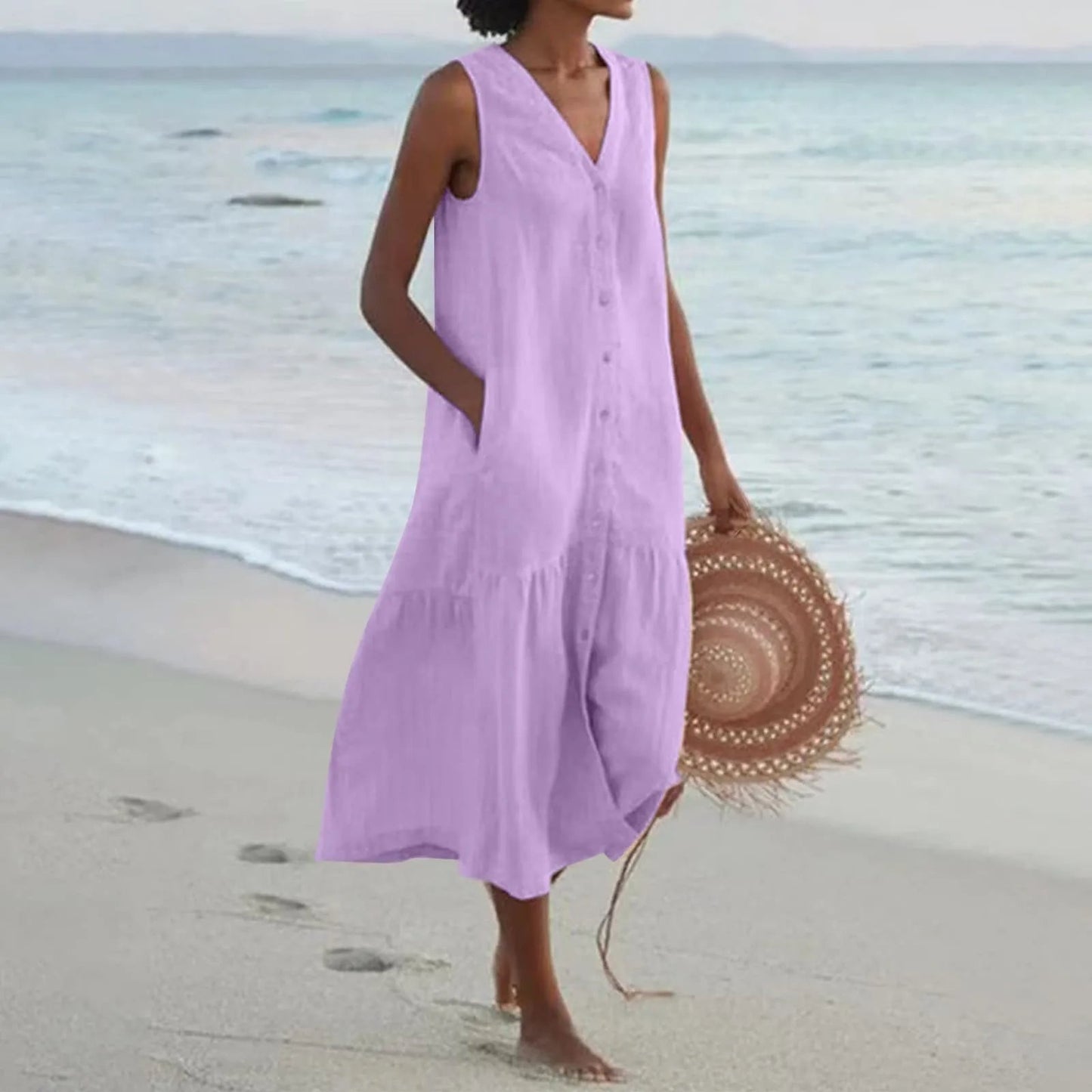 Linnen Jurk V-Hals Zomerjurk Luchtig en Stylish