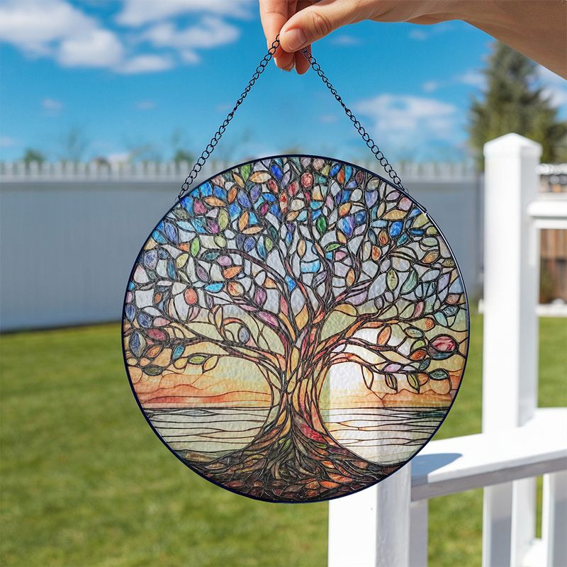 Handgemaakte Glas-in-Lood Levensboom Zonnevanger 15cm – Decoratieve Raamhanger met Symboliek