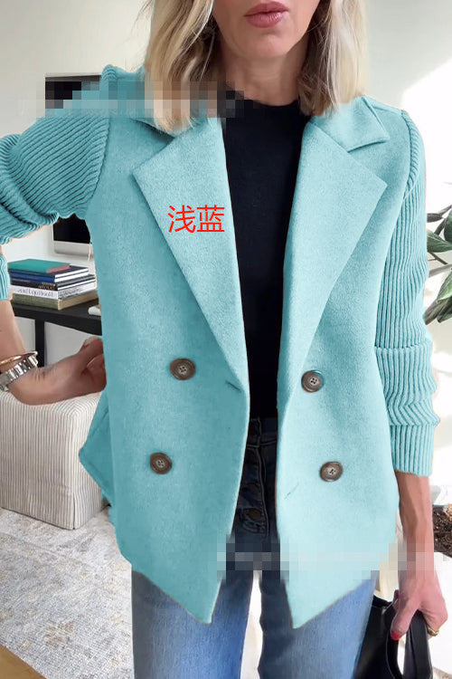 Dames Blazer Wollen Look Gebreide Mouwen Dubbele Knoopsluiting