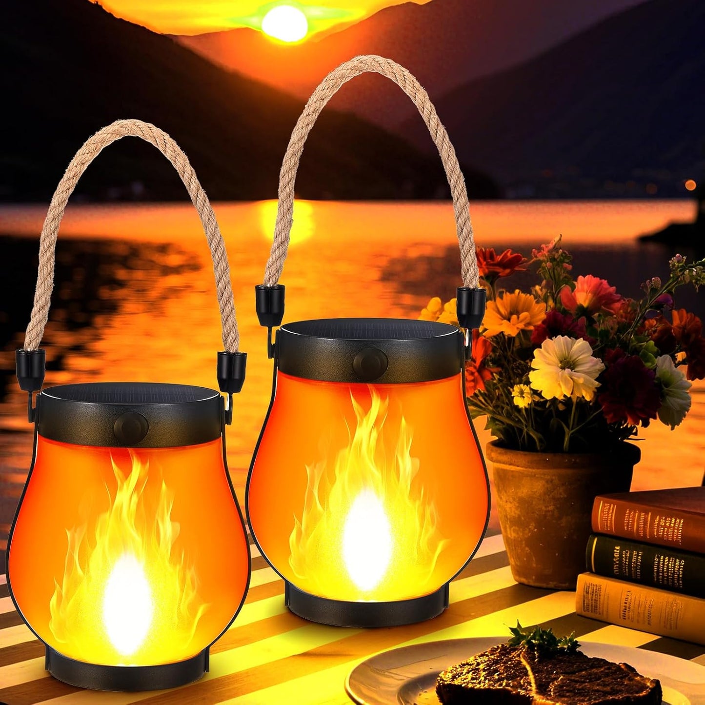 Solar Lantaarn met Vlameffect LED Verlichting Inclusief USB Oplaadoptie Weersbestendig Tuinverlichting Automatische Schemersensor Draadloos Buiten Terras Balkon