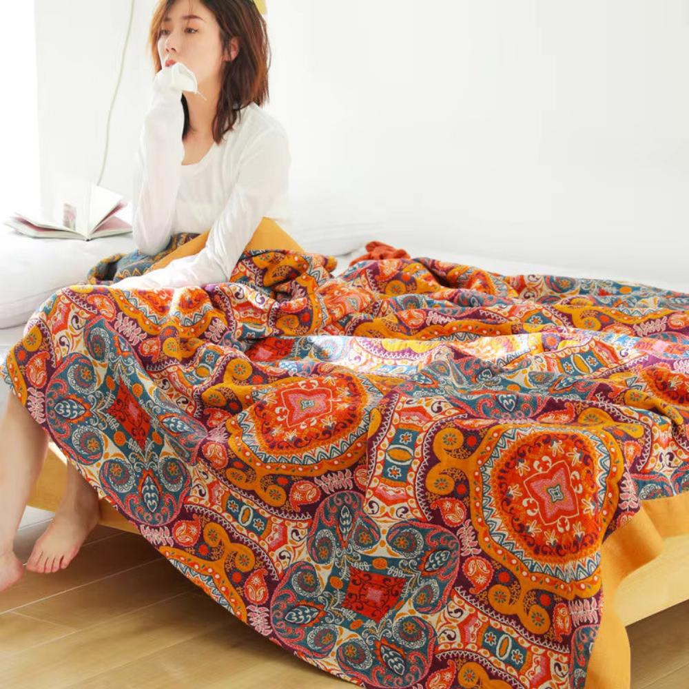 Omkeerbare Plaid in Boho-Stijl met Koelend Effect – Dubbelzijdig Zomerdeken met Vochtafvoer – Zacht Katoenen Sprei voor Warme Nachten – Moderne Deken met Zonsopgang-Patroon