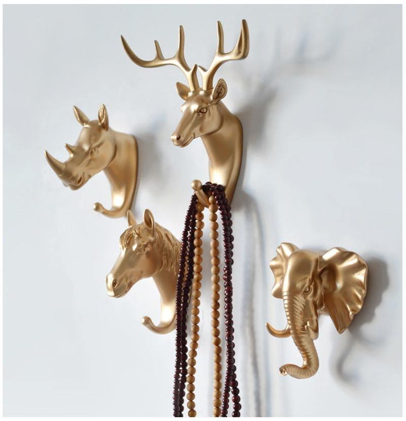 Decoratieve Dierenkop Wandhaak in Goud Wit Zwart voor Sleutels Tassen Handdoeken | Giraffehaak Olifanthaak Neushoornhaak Hert Ram Paard | Gietijzer Wanddecoratie Hal Badkamer Slaapkamer