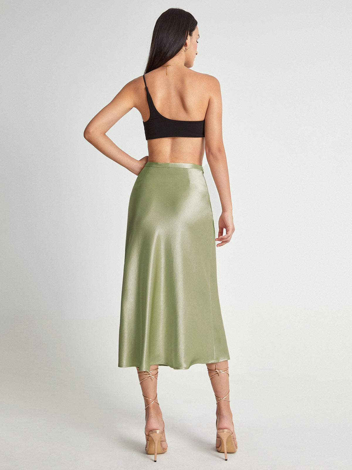 Satijnen Rok Hoge Taille Midi Lengte Elegante Vrouwenrok