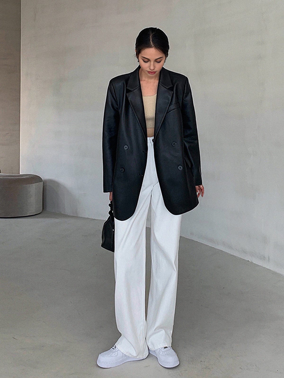 Kunstleder Blazer voor Vrouw met Reverskraag Modern Design