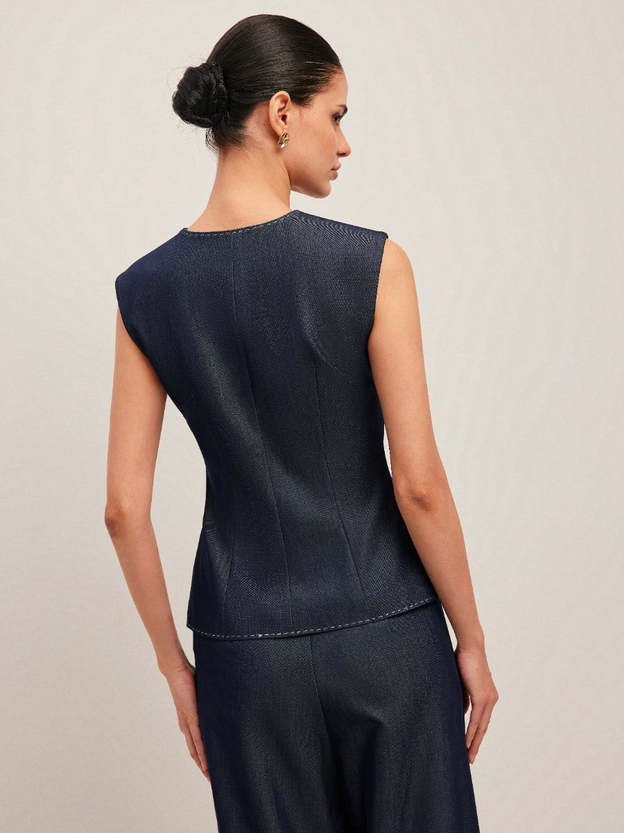 Dames Gilet met Peplum en Contrast Stiksel Elegant Design