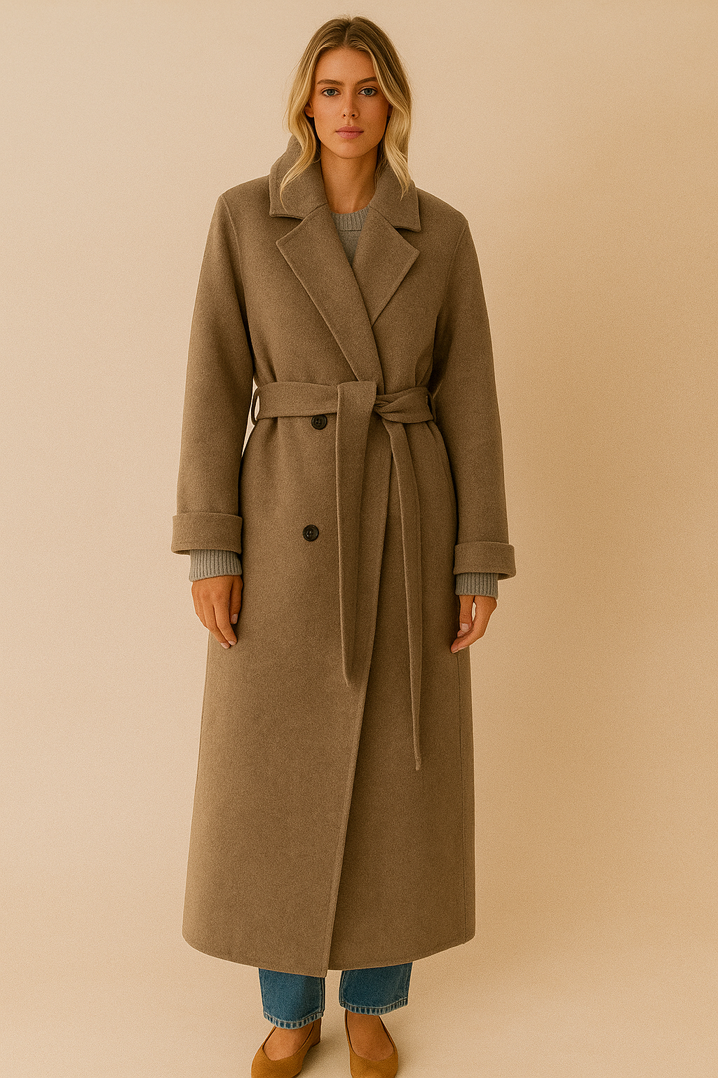 Dames Wollen Mantel Lange Model met Ceintuur