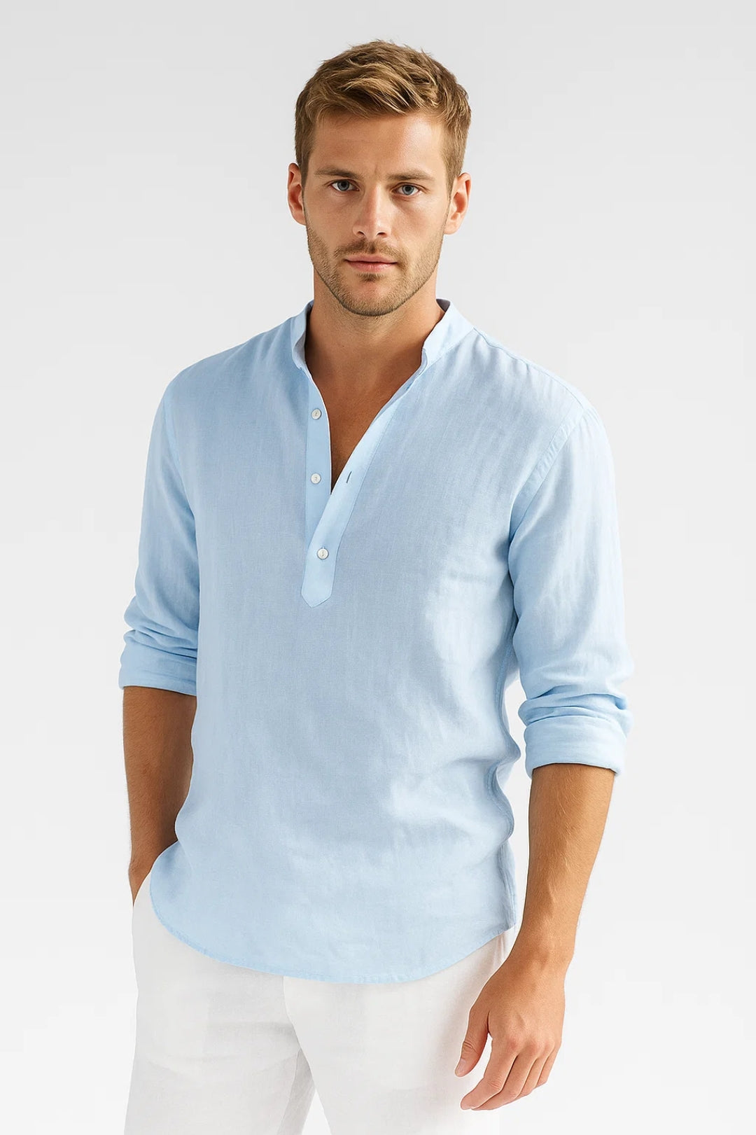 Heren Blouse met Opstaande Kraag Comfortabel Losse Pasvorm
