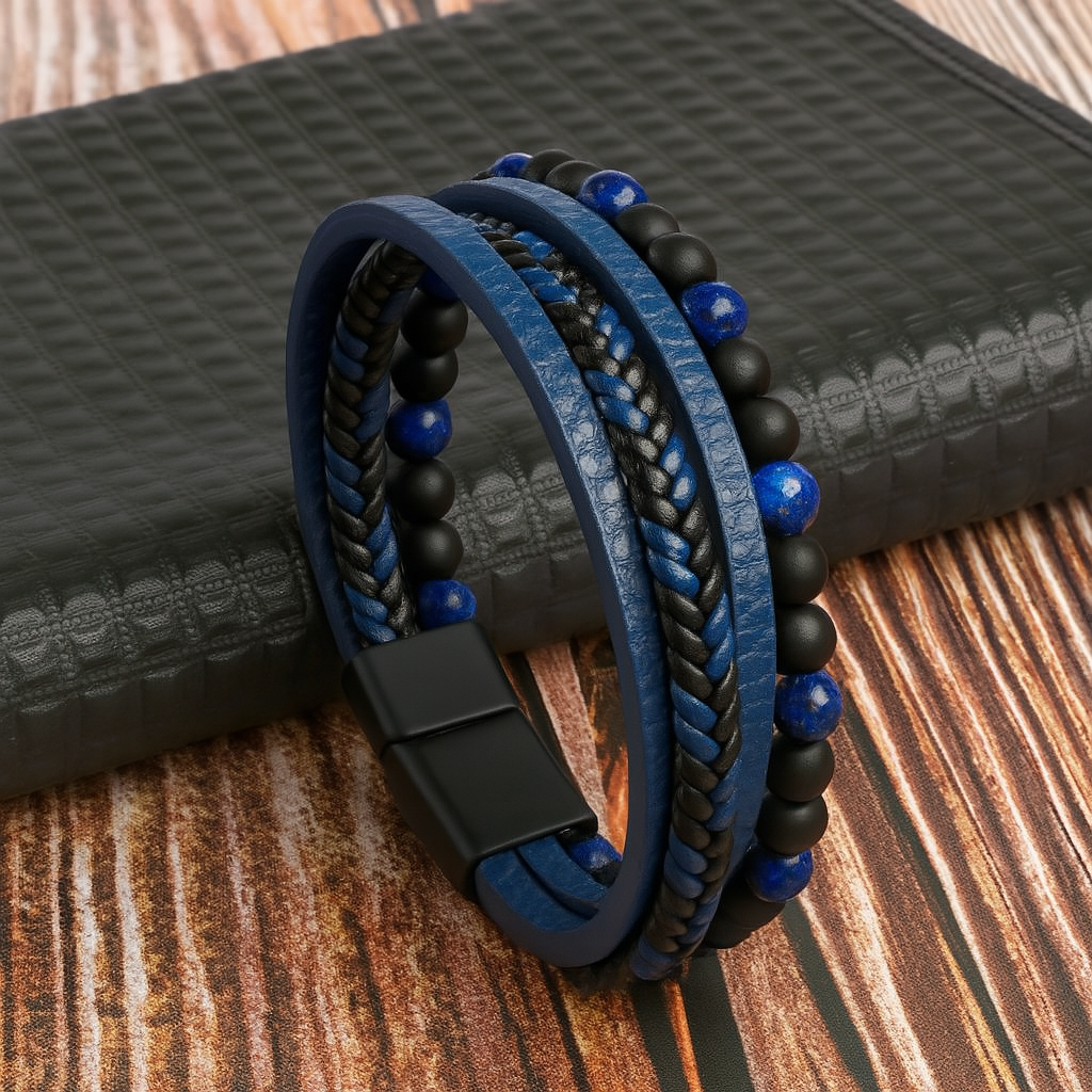 Gelaagde Leren Armband Heren Magnetische Sluiting Zinklegering Steendetails Polsband Moderne Accessoire