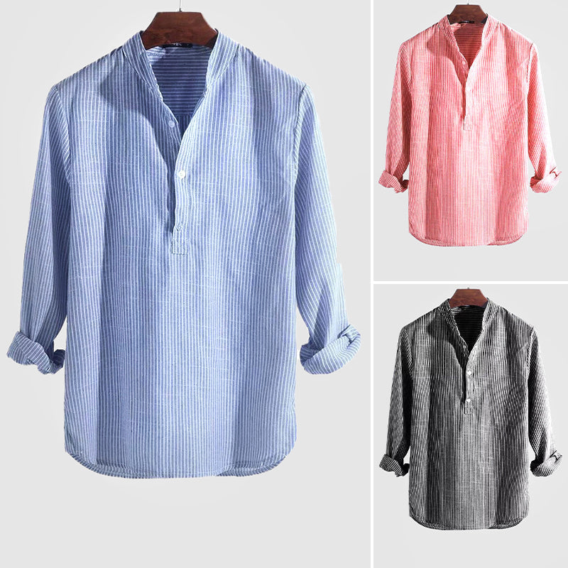 Herens Henley Shirt van Katoen en Linnen met Bandkraag