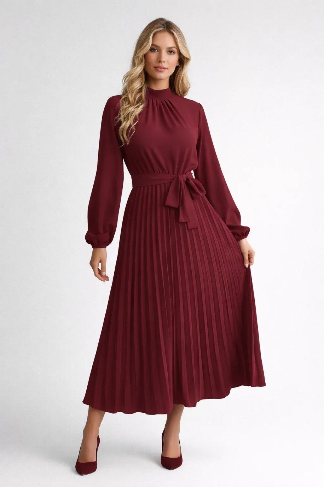 Midi Jurk voor Dames met Geplooide Rok en Hoge Hals