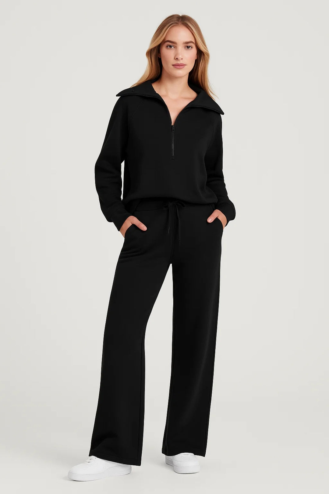 Dames Trainingspak Half Zip Sweater met Wide Leg Broek Relaxed Fit
