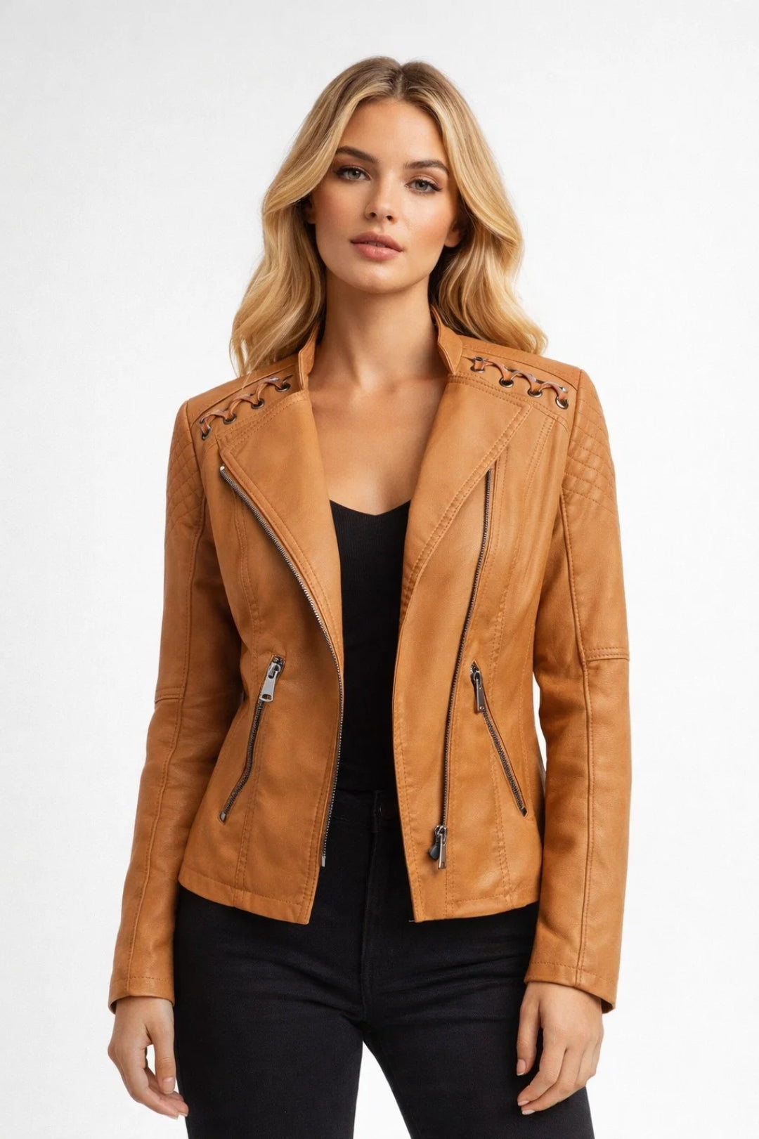 Leren Bikerjas Dames Getailleerd Asymmetrisch Casual