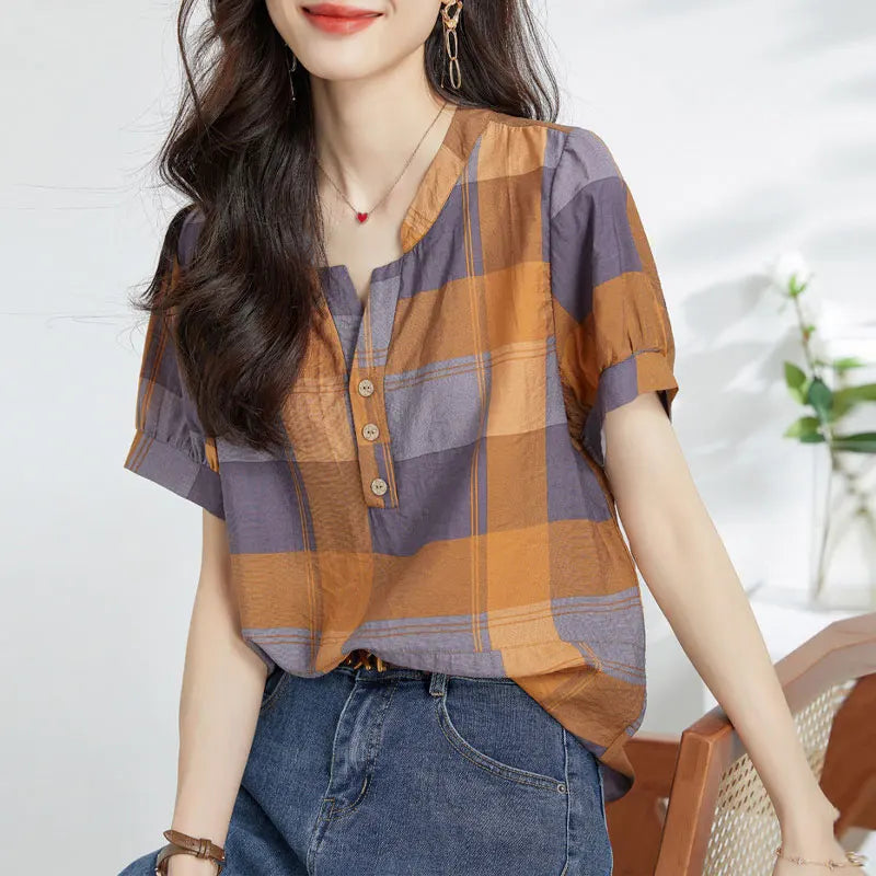 Vrouwelijke Zomer Blouse Geruit Luchtig - StudioMarella