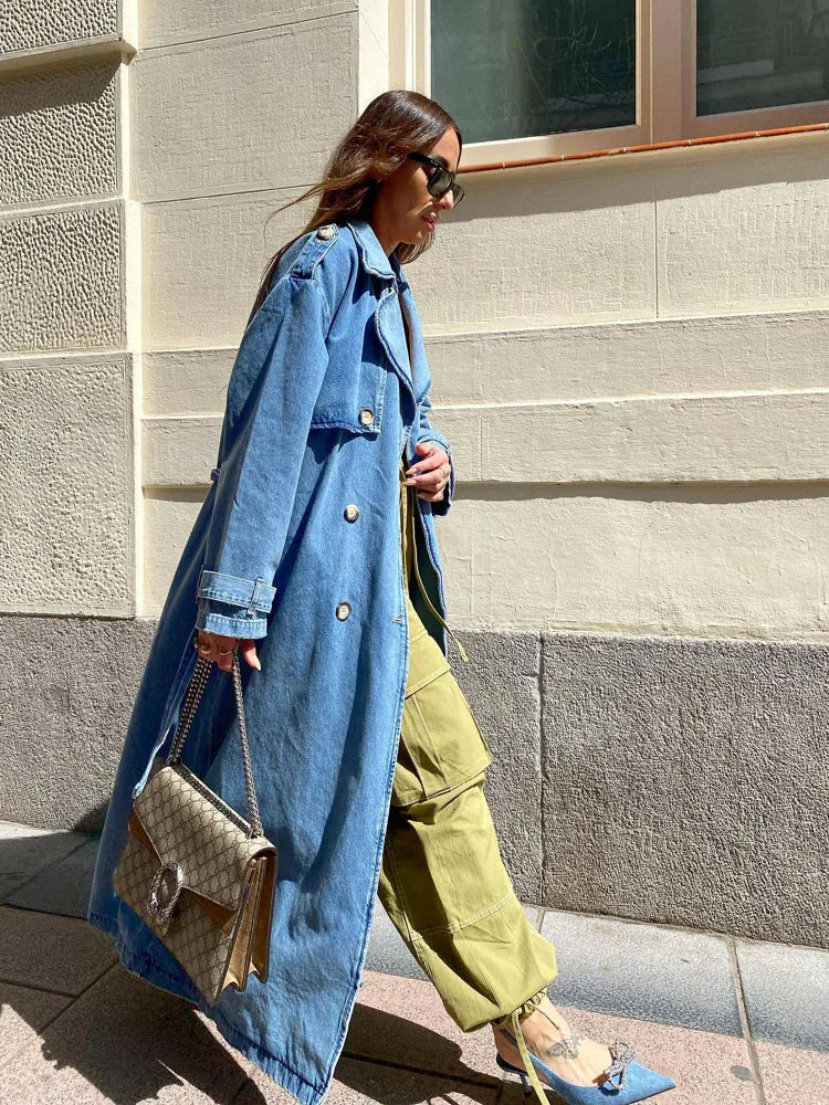 Blauwe Dames Trenchcoat Jeans Stijl