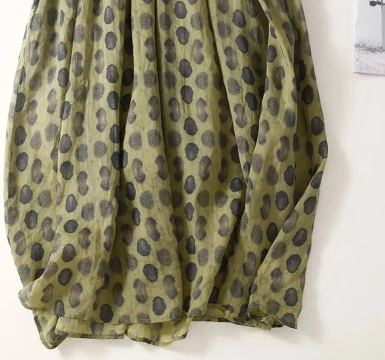 Donkergroene Jurk met Polka Dots en Elastische Taille