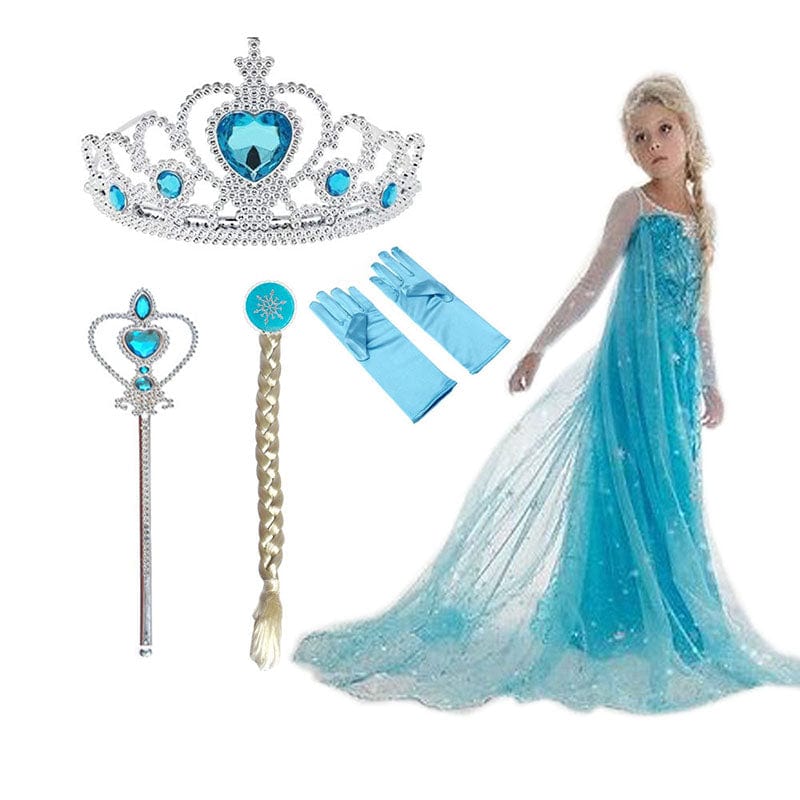 Prinsessenkostuum Blauw met Accessoires voor Kinderen 3-10 Jaar | Complete Set met Tiara Handschoenen Toverstaf | Verkleedkleding Feestkleding