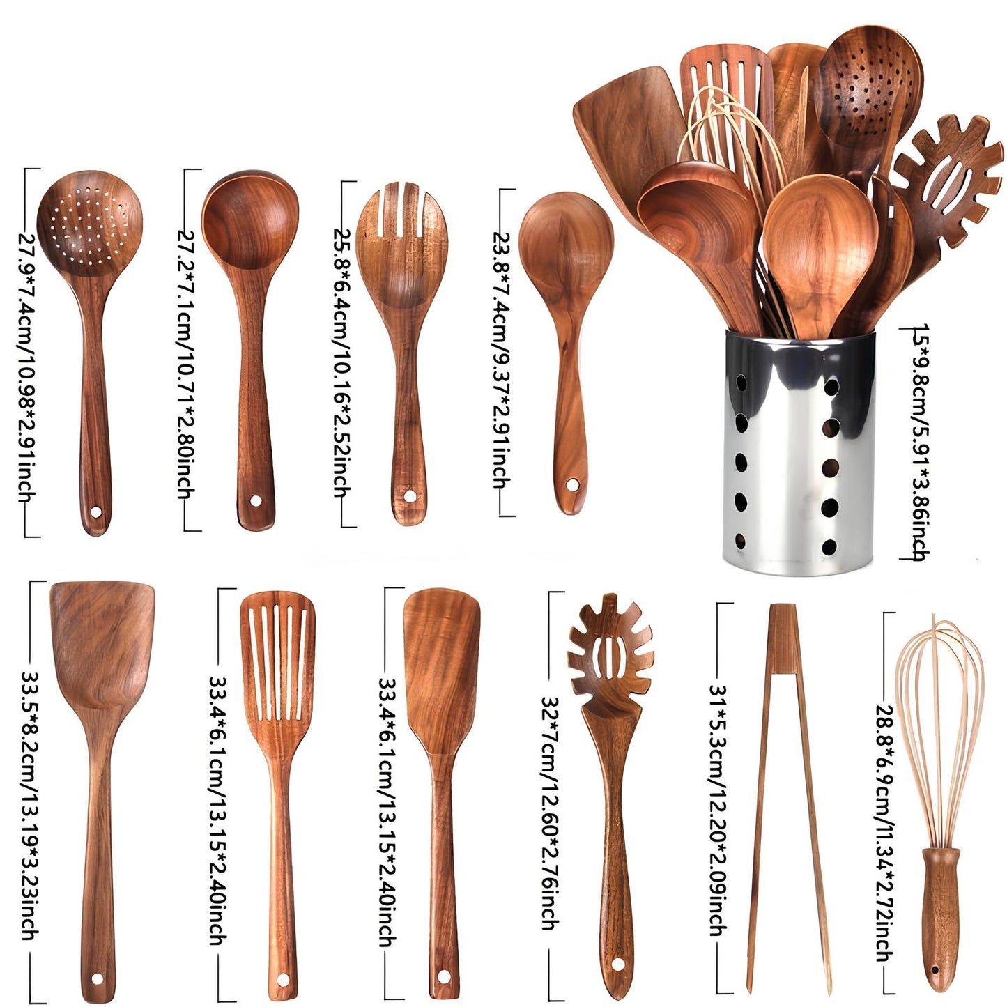 11-delige Teak Keukengerei Set met Houder – Houten Keukenhulpen