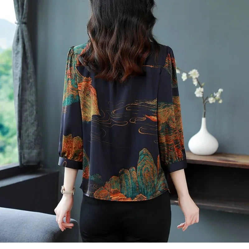 Vrouwelijke Chiffon Blouse Lente Zomer Bloemenprint