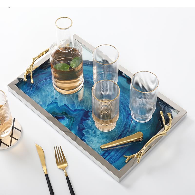 Decoratief Dienblad met Blauwe Agaatprint – Rechthoekig en Rond Glas met RVS Frame – Stijlvolle Serveerplank voor Drankjes en Hapjes