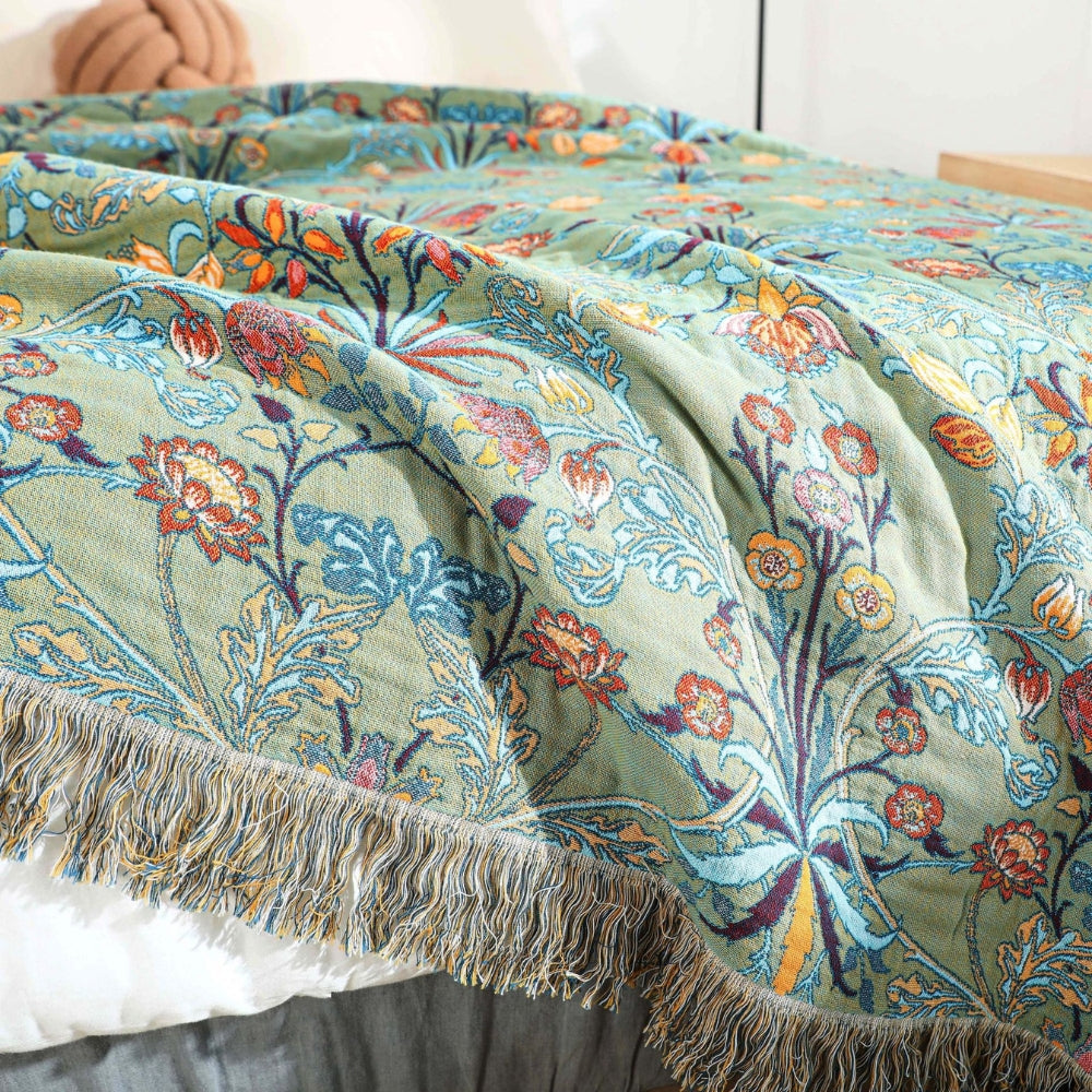 Katoenen Wenddeken met Bloemenweving en Kwasten – Zachte Jacquardplaid voor Bed en Bank