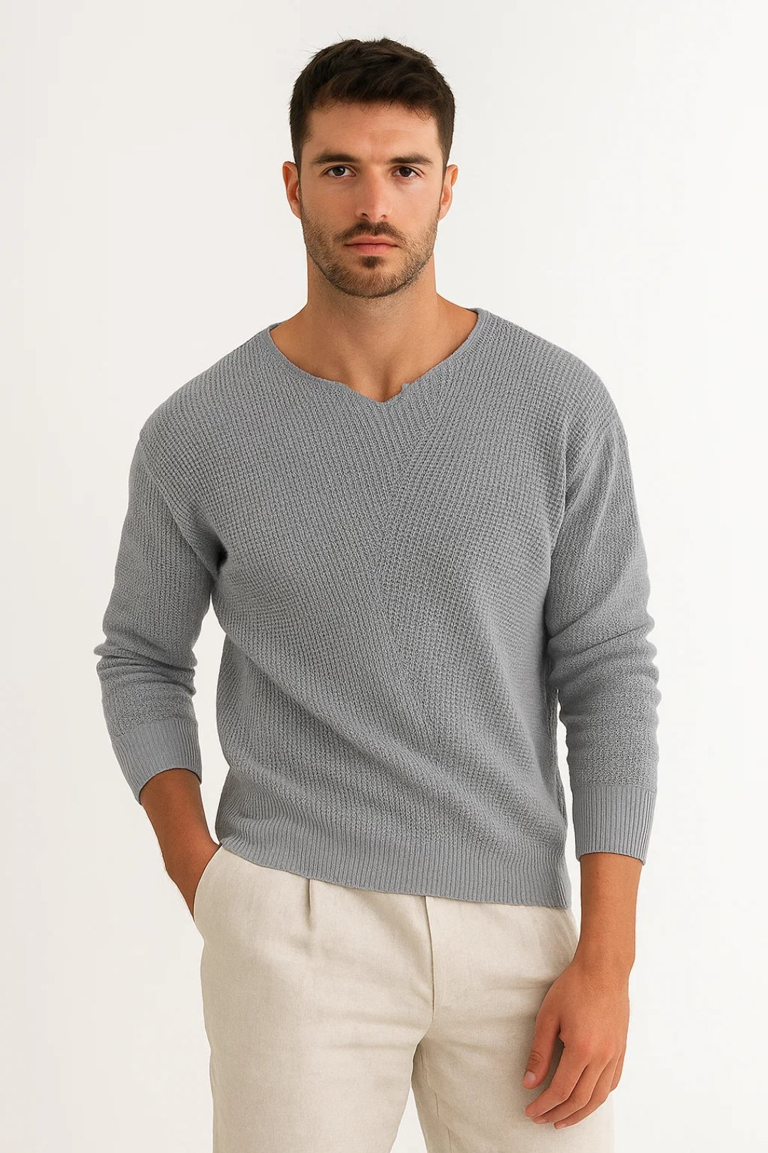 Trui Heren V-hals Warme Fijne Stretch Stof Comfortabel