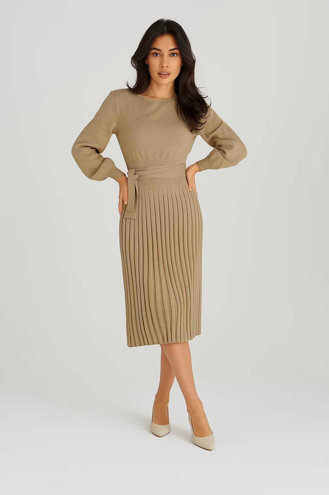 Dames Midi Jurk Lange Mouwen Plissé met Ceintuur Elegante Stijl