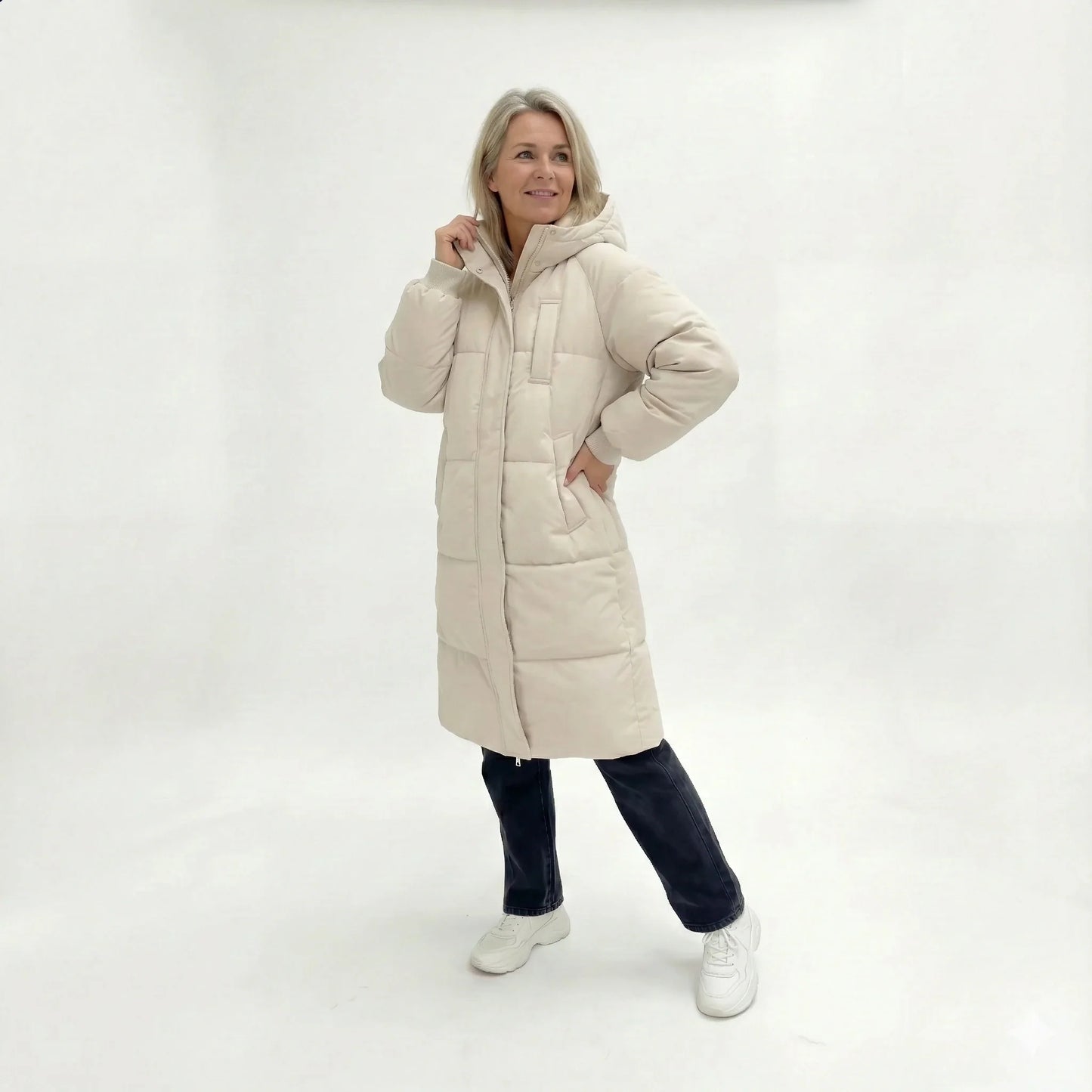 Dames Lange Gewatteerde Winterjas Met Capuchon