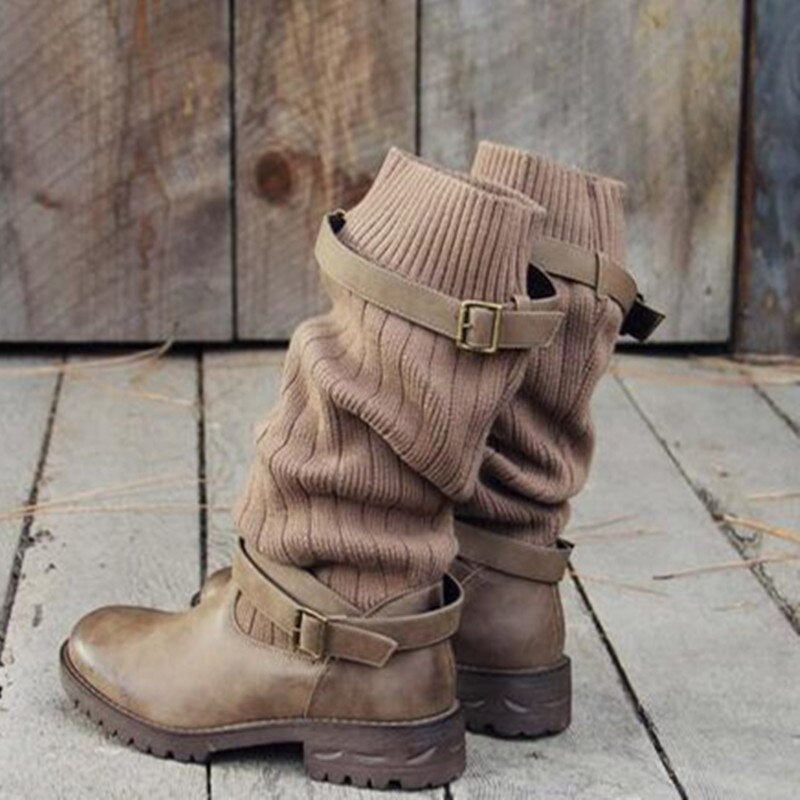 Dames Leren Laarzen met Gebreide Wol Inleg Winterwarm