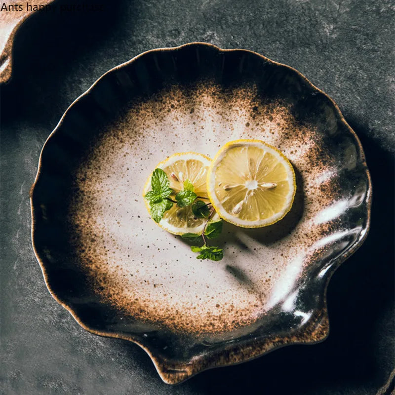 Keramische Schelpvormige Borden Wit Zwart Bruin Servies Coastal Dining