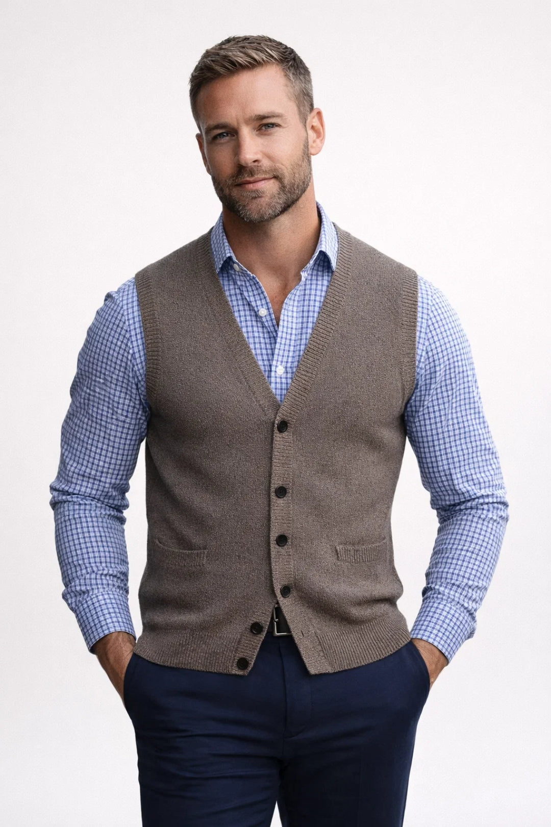 Mouwloos Gilet Heren Klassiek Gebreid Vest met Knoopsluiting
