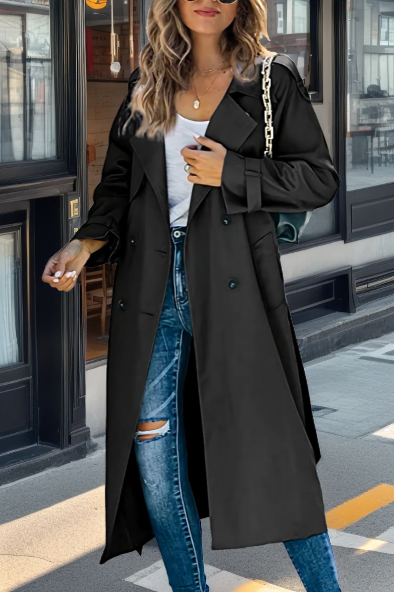 Dames Trenchcoat Zwart Waterdicht met Dubbele Knopen