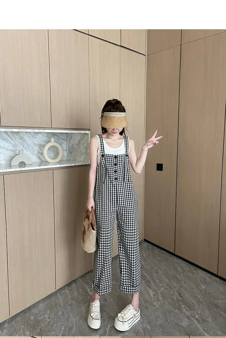 Koreaanse Jumpsuit Ruitjespatroon Stijlvol Zwart-Wit