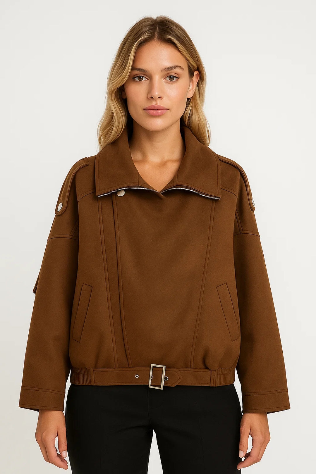 Leren Bikerjas Dames - Oversized met Ceintuur en Reverskraag