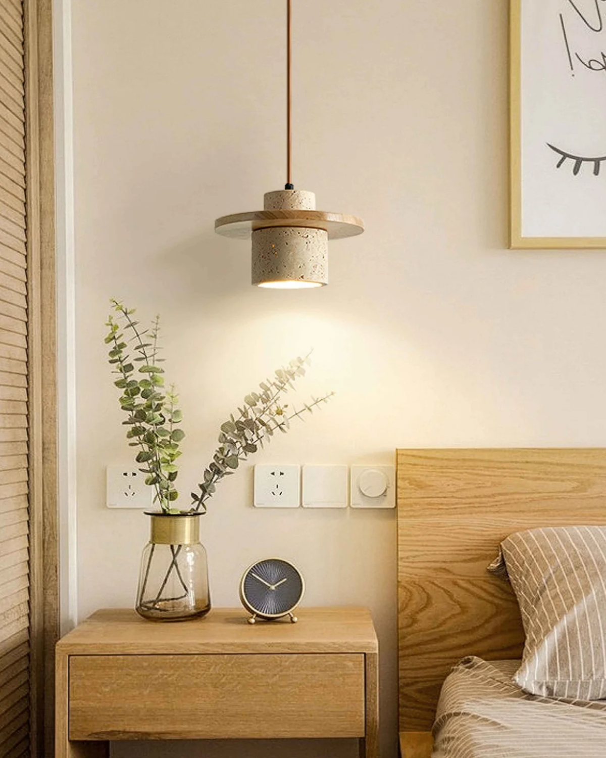 Hanglamp natuursteen travertijn met walnoot accent modern design
