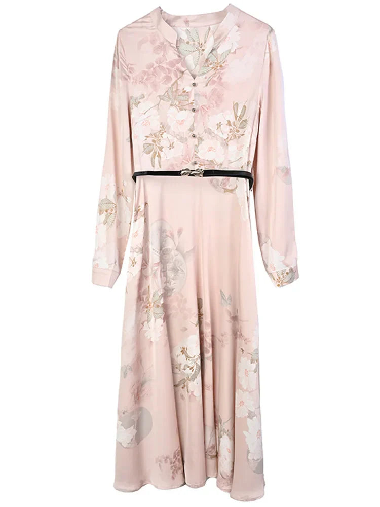 Elegante Lange Mouw Maxi Jurk van Satijn voor Dames