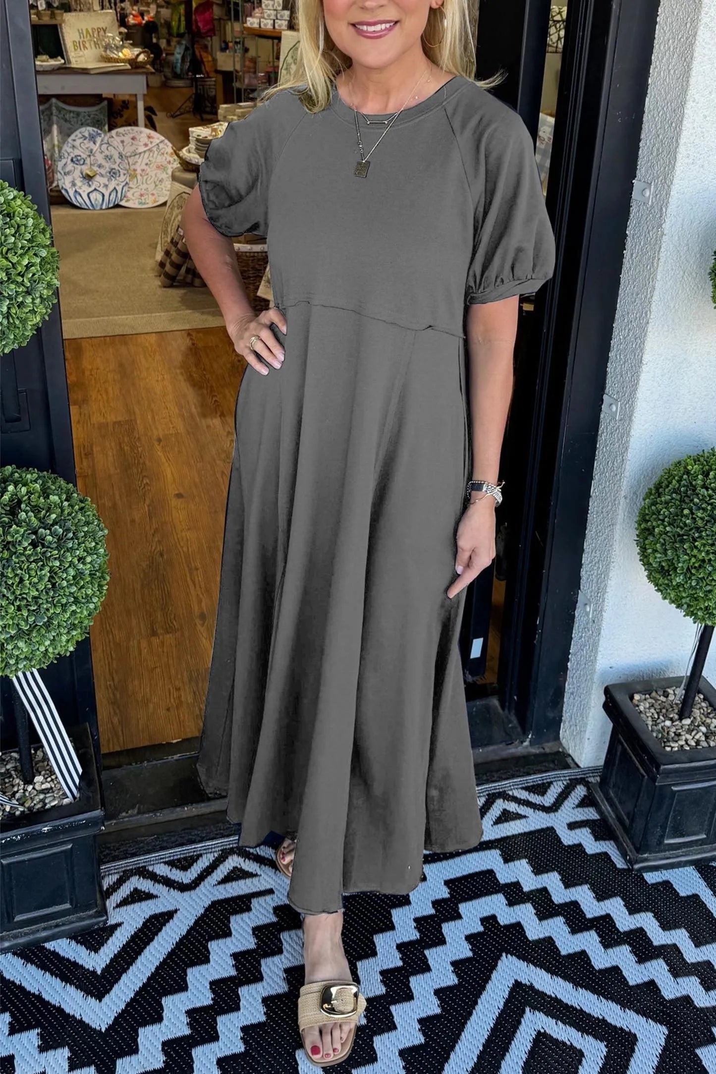 Livia | Elegante Maxi Jurk Dames met Ronde Hals en Pofmouwen 9