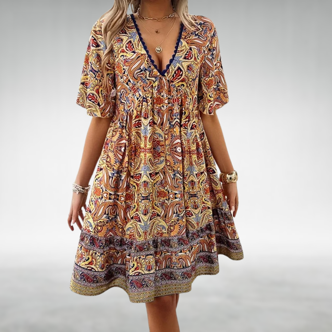 Korte Zomerjurk V-hals Boho Stijl Etnische Print