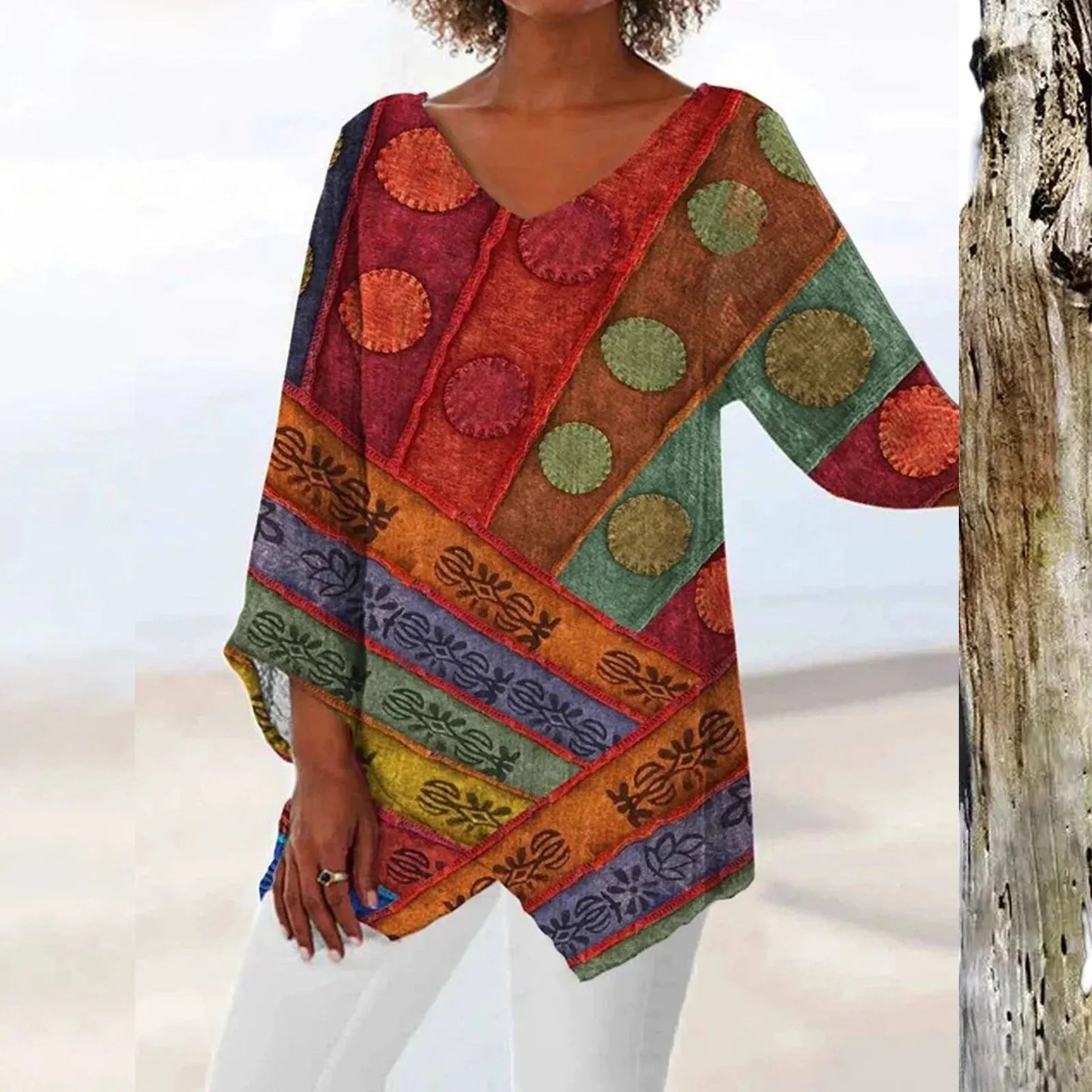 Vintage Jurk met V-hals en Lange Mouwen