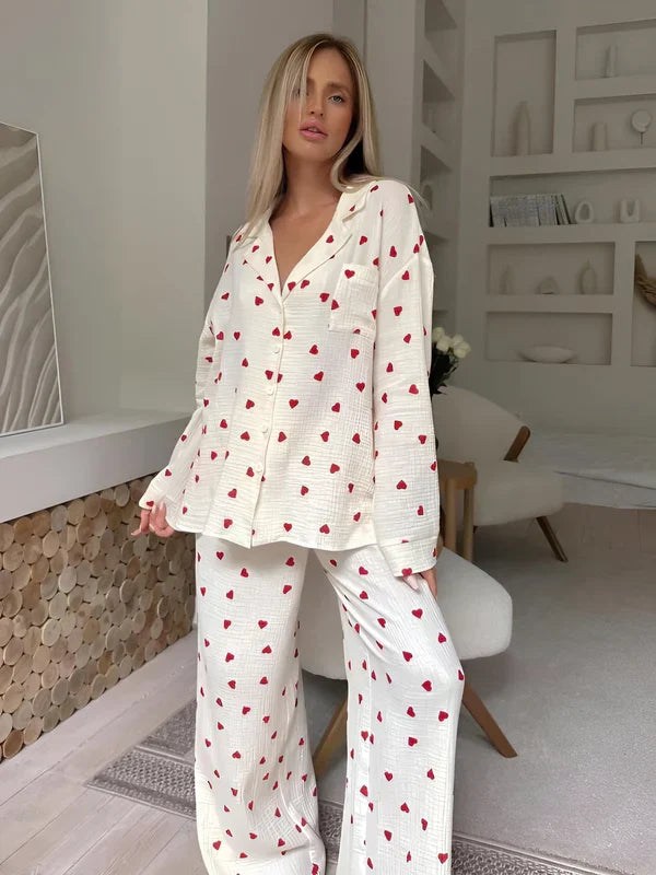 Dames Pyjama Set Tweedelig Hartjes Print Zacht en Stijlvol