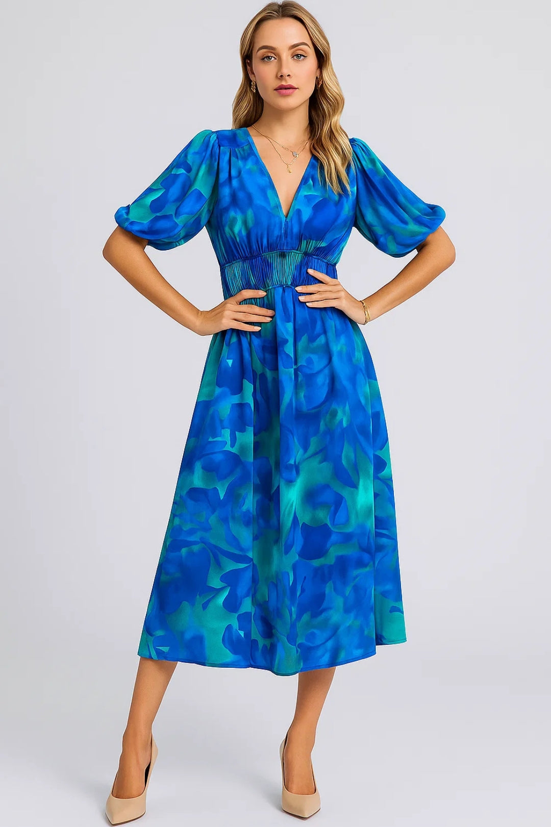 Midi Jurk Dames Bloemenprint V-hals Elegant Zomerjurk